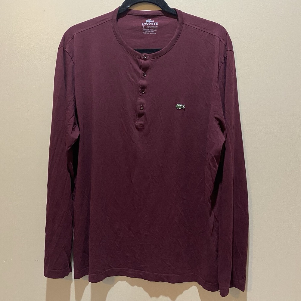 Lacoste Pima Cotton 4 Button Crew Neck Long Sleeve Tshirt Men 7 Burgundy